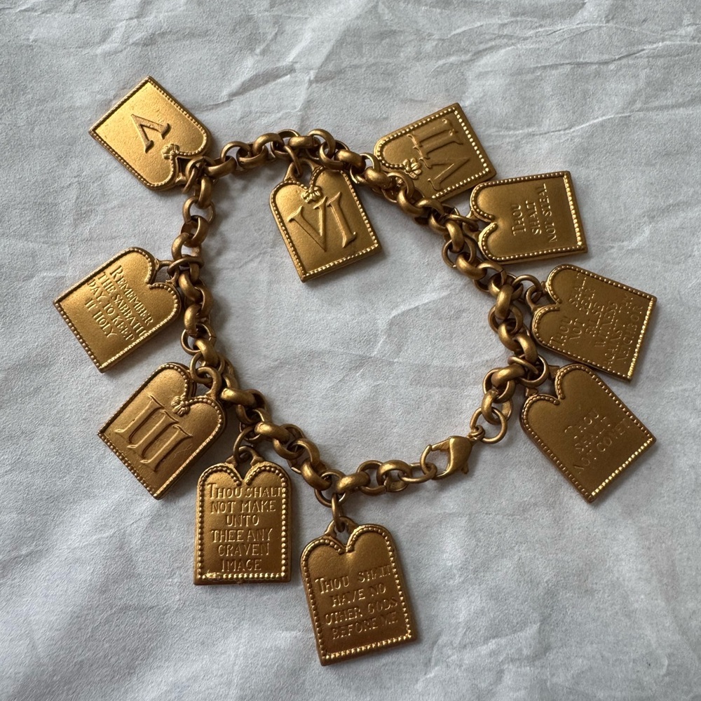 Gold Tone Ten Commandments Charm Bracelet with Tag Pendants